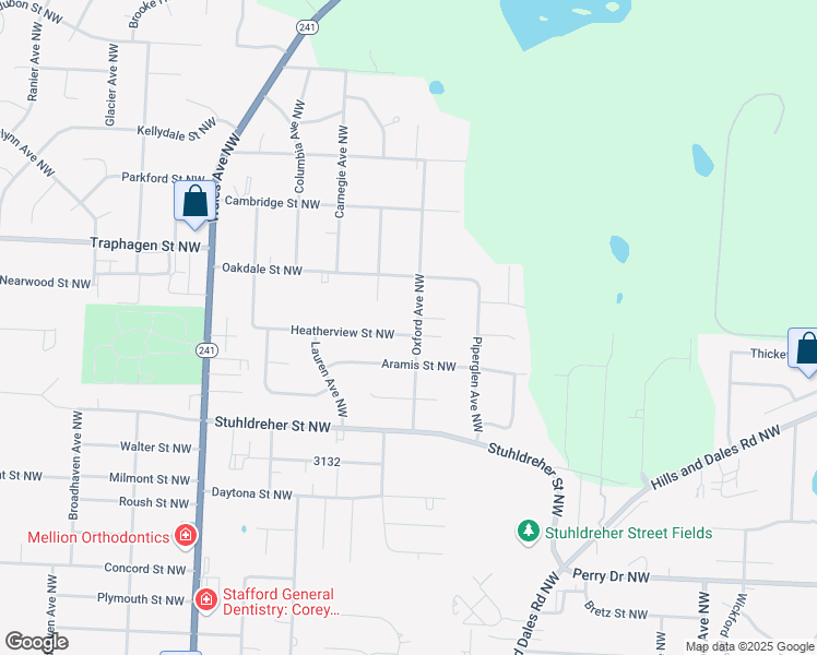map of restaurants, bars, coffee shops, grocery stores, and more near 7687 Heatherview Street Northwest in Massillon