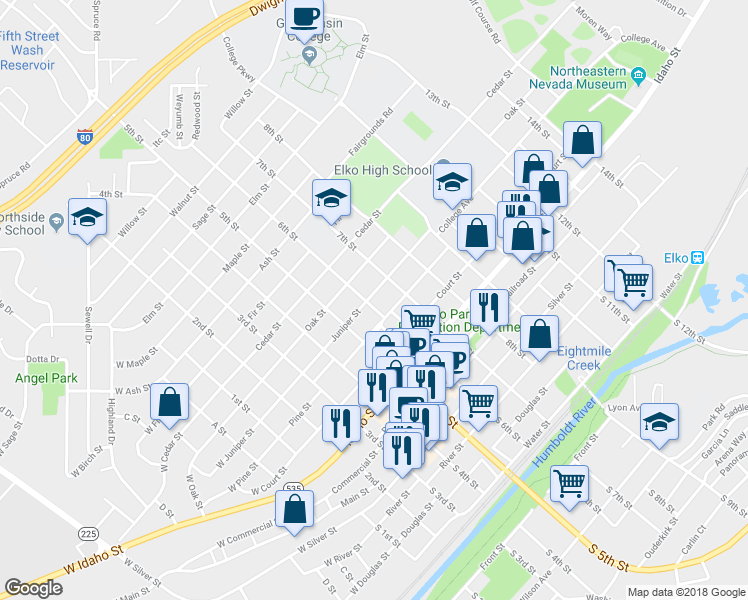 map of restaurants, bars, coffee shops, grocery stores, and more near 698 6th Street in Elko