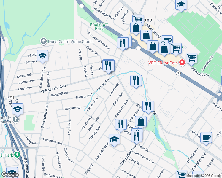 map of restaurants, bars, coffee shops, grocery stores, and more near 38 Joerg Avenue in Nutley