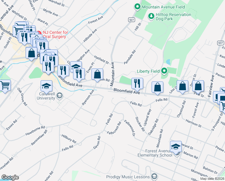 map of restaurants, bars, coffee shops, grocery stores, and more near 15 Barberry Way in Essex Fells