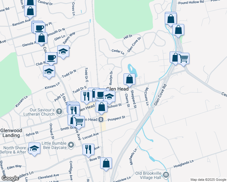 map of restaurants, bars, coffee shops, grocery stores, and more near 1 Benjamin Street in Glen Head