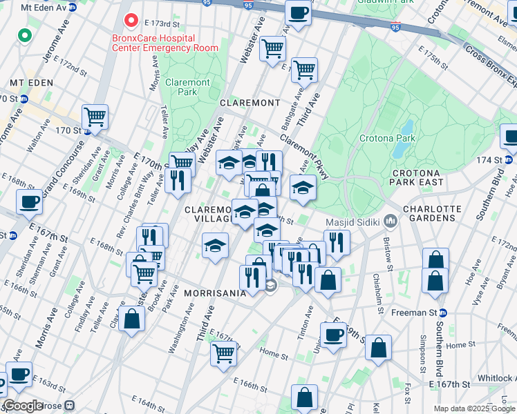 map of restaurants, bars, coffee shops, grocery stores, and more near Bronx 3rd Ave in Bronx