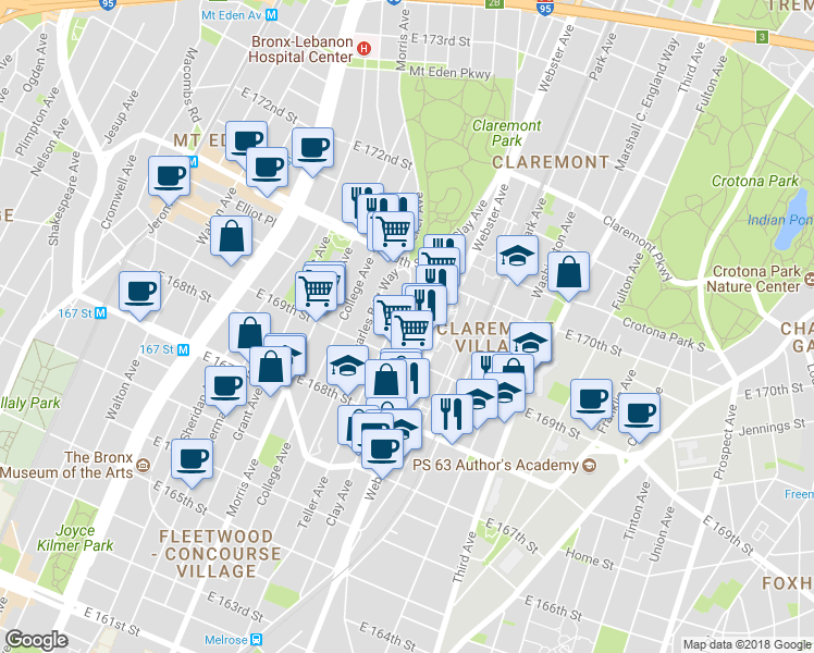 map of restaurants, bars, coffee shops, grocery stores, and more near 1323 Clay Avenue in Bronx
