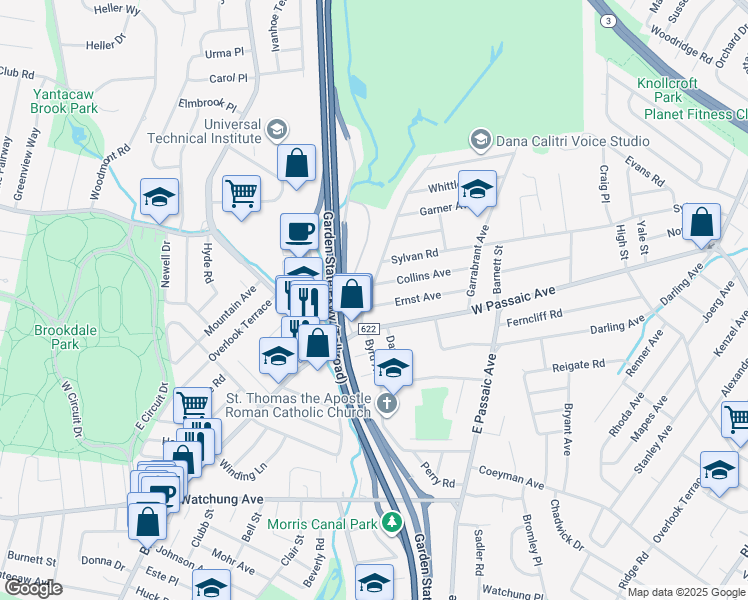 map of restaurants, bars, coffee shops, grocery stores, and more near 62 West Passaic Avenue in Bloomfield