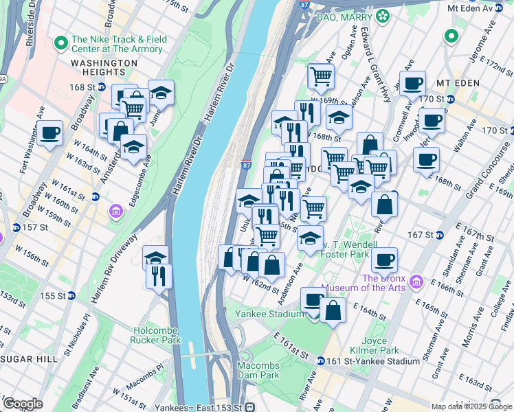map of restaurants, bars, coffee shops, grocery stores, and more near 1041 University Avenue in Bronx