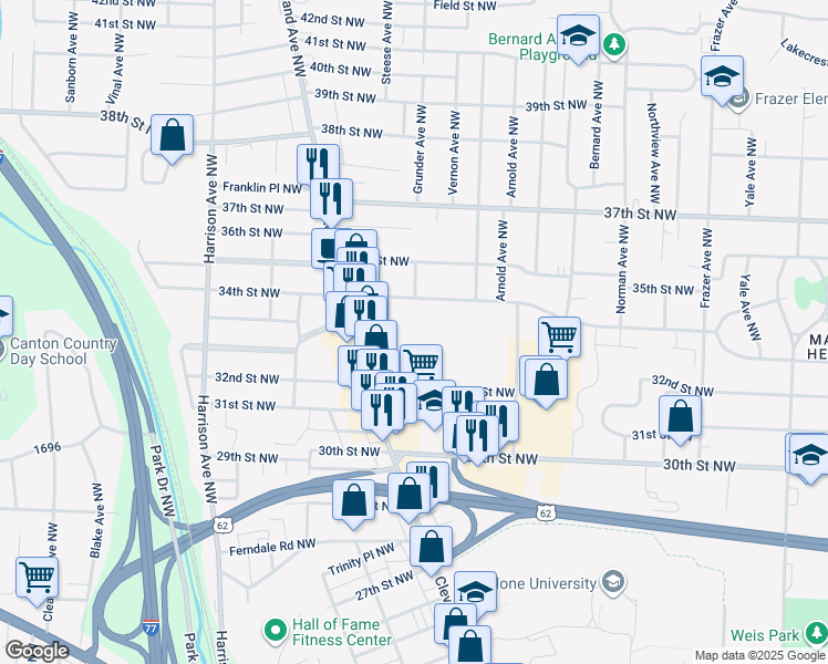 map of restaurants, bars, coffee shops, grocery stores, and more near 1453 Rachel Street Northwest in Canton