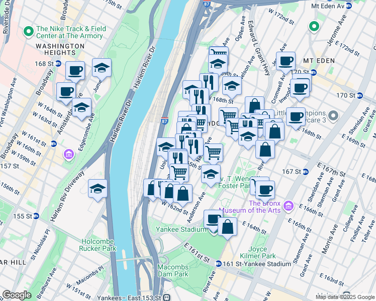 map of restaurants, bars, coffee shops, grocery stores, and more near 1049 Ogden Avenue in Bronx