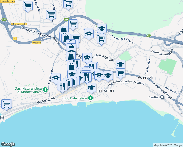 map of restaurants, bars, coffee shops, grocery stores, and more near Via Campi Flegrei in Pozzuoli