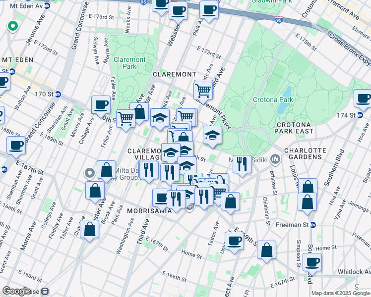 map of restaurants, bars, coffee shops, grocery stores, and more near 3706 3rd Avenue in Bronx