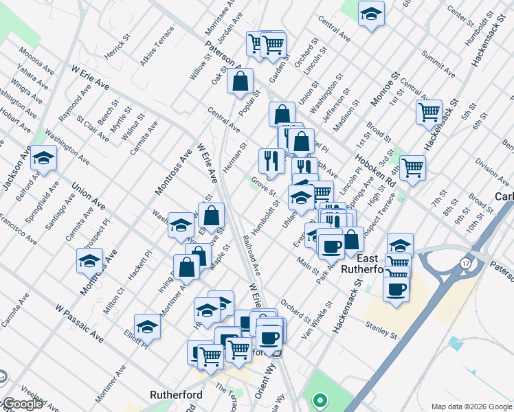 map of restaurants, bars, coffee shops, grocery stores, and more near 136 Humboldt Street in East Rutherford