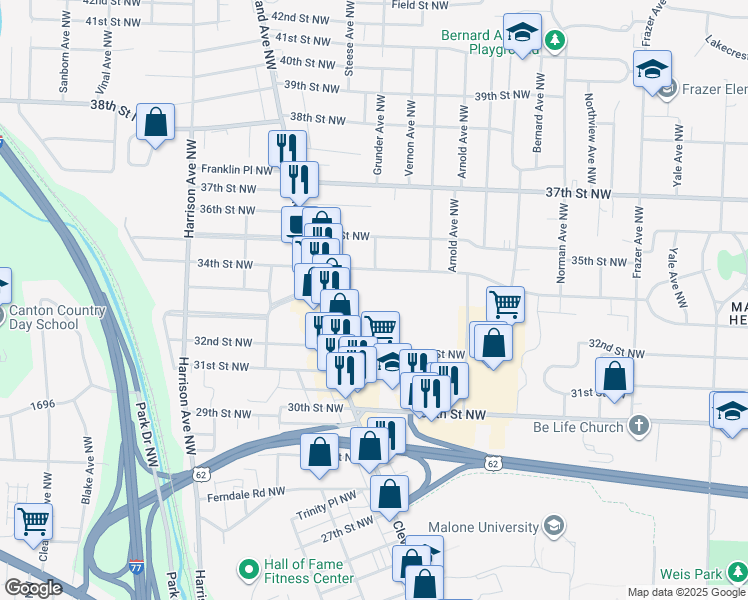map of restaurants, bars, coffee shops, grocery stores, and more near 1447 Rachel Street Northwest in Canton