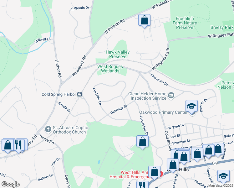 map of restaurants, bars, coffee shops, grocery stores, and more near 14 Sheep Pasture Lane in Huntington