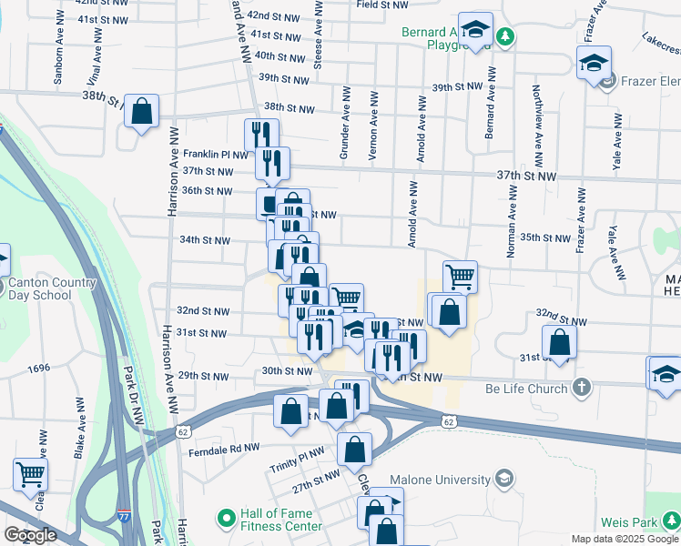 map of restaurants, bars, coffee shops, grocery stores, and more near 1441 Rachel Street Northwest in Canton