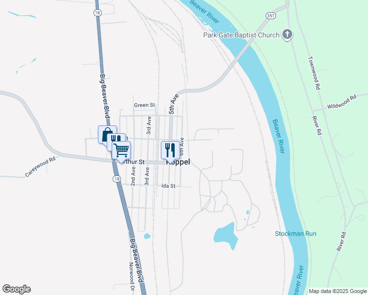 map of restaurants, bars, coffee shops, grocery stores, and more near 6421 6th Avenue in Koppel
