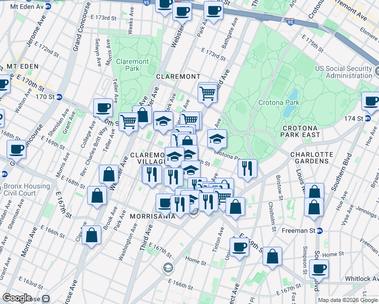 map of restaurants, bars, coffee shops, grocery stores, and more near 1399 Fulton Avenue in Bronx