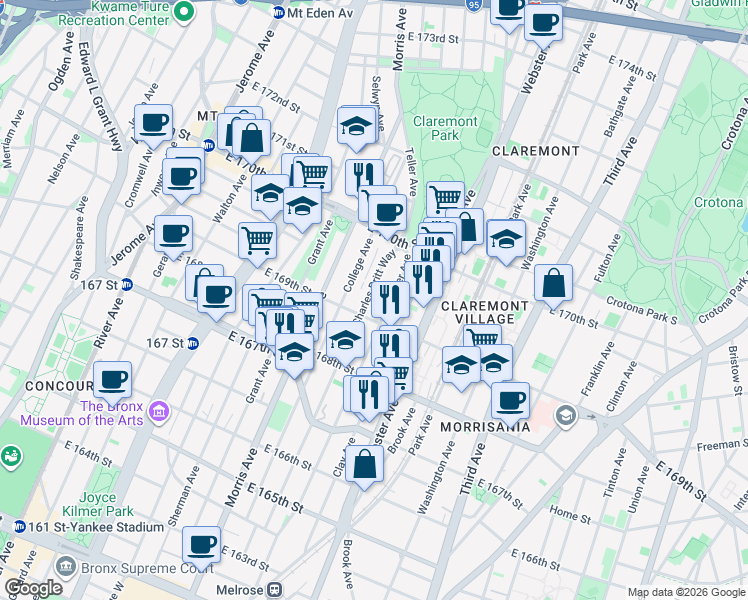 map of restaurants, bars, coffee shops, grocery stores, and more near 354 East 169th Street in Bronx