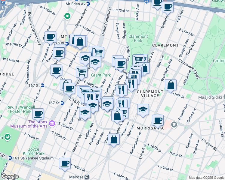 map of restaurants, bars, coffee shops, grocery stores, and more near 354 East 169th Street in Bronx