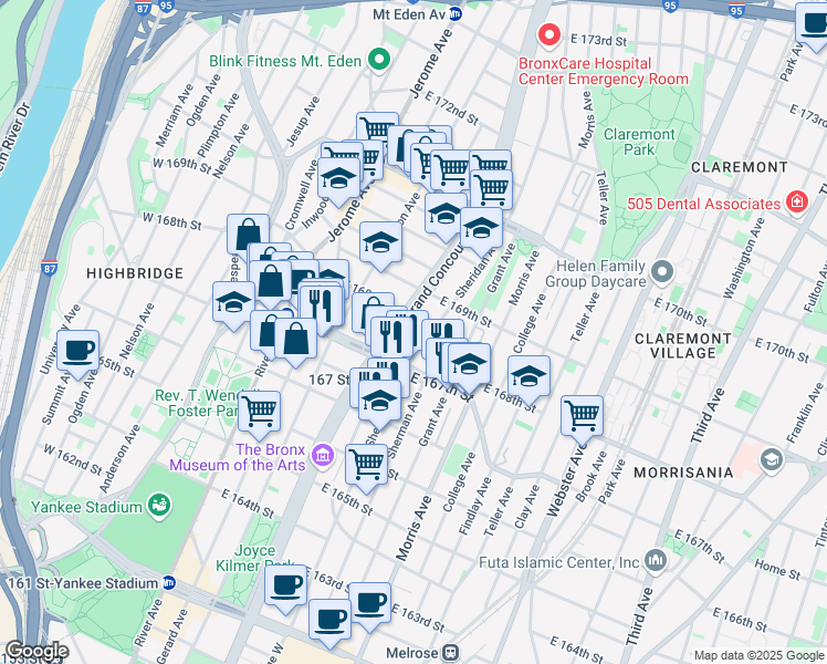 map of restaurants, bars, coffee shops, grocery stores, and more near in The Bronx