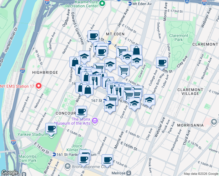 map of restaurants, bars, coffee shops, grocery stores, and more near in The Bronx