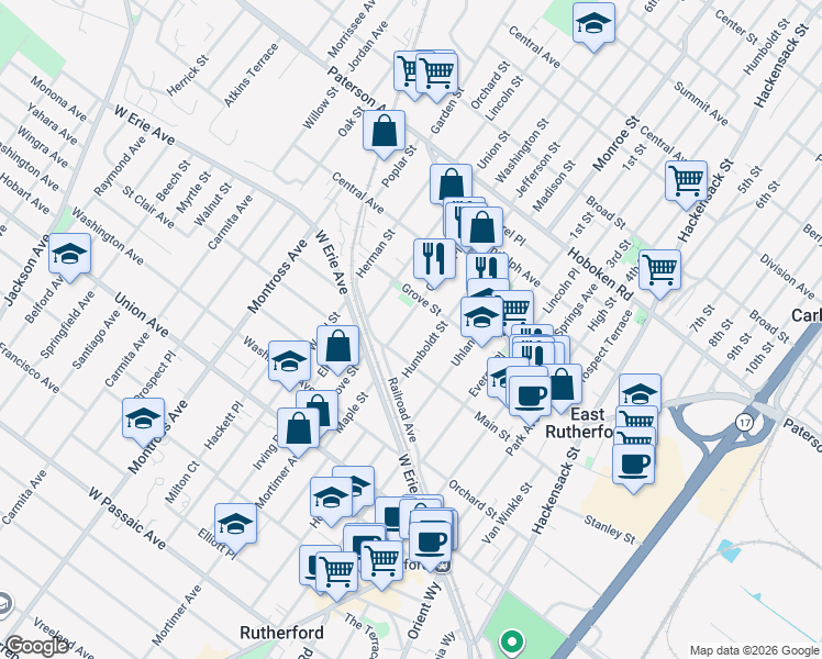 map of restaurants, bars, coffee shops, grocery stores, and more near 136 Humboldt Street in East Rutherford