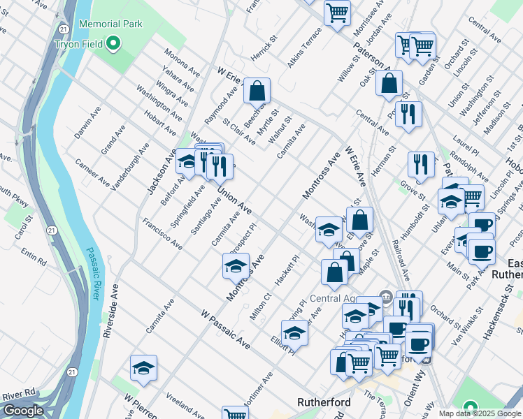 map of restaurants, bars, coffee shops, grocery stores, and more near 234 Union Avenue in Rutherford