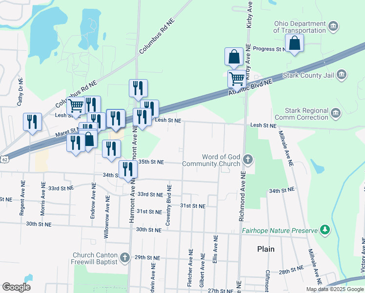 map of restaurants, bars, coffee shops, grocery stores, and more near 3705 35th Street Northeast in Canton