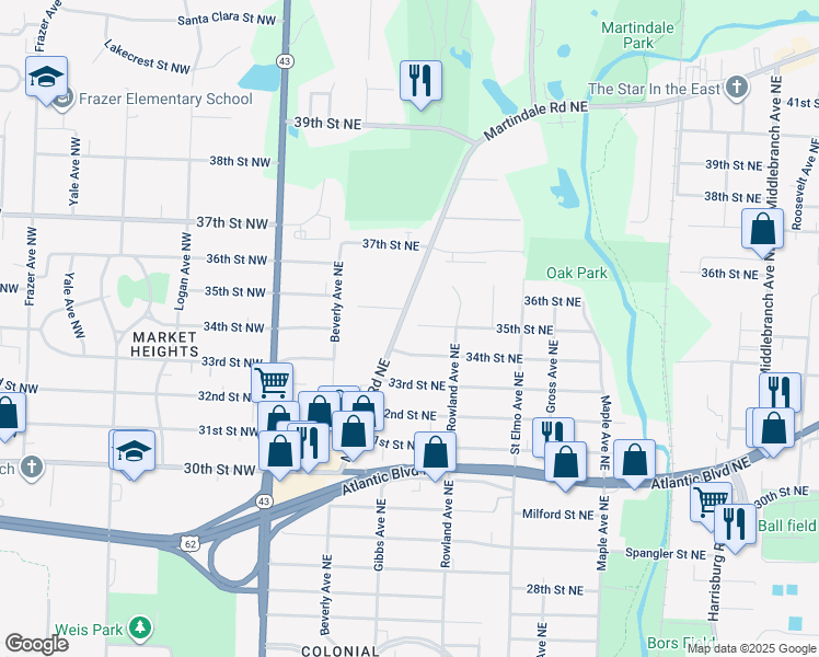 map of restaurants, bars, coffee shops, grocery stores, and more near 1206 34th Street Northwest in Canton