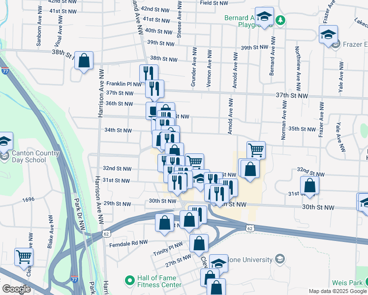 map of restaurants, bars, coffee shops, grocery stores, and more near 1459 Rachel Street Northwest in Canton