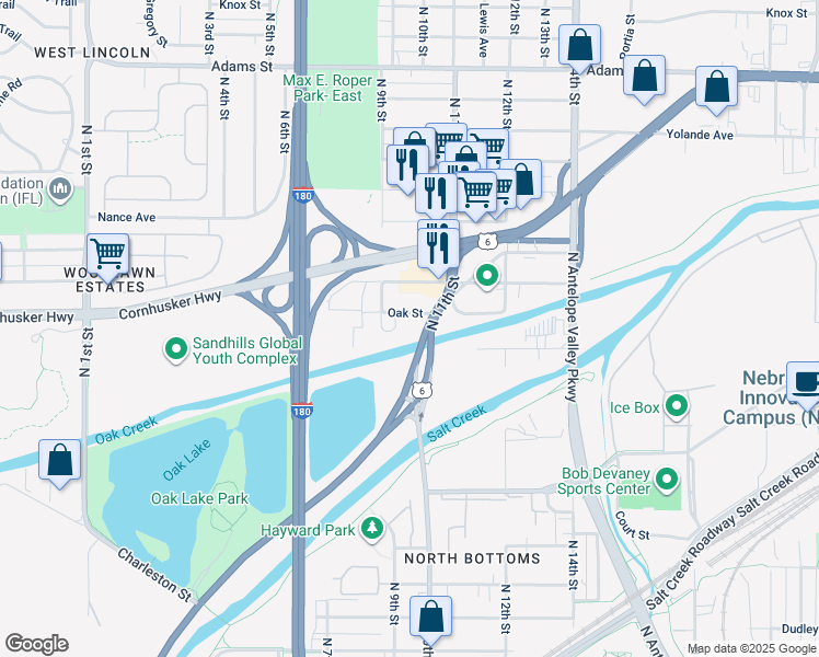 map of restaurants, bars, coffee shops, grocery stores, and more near 931 Oak Street in Lincoln