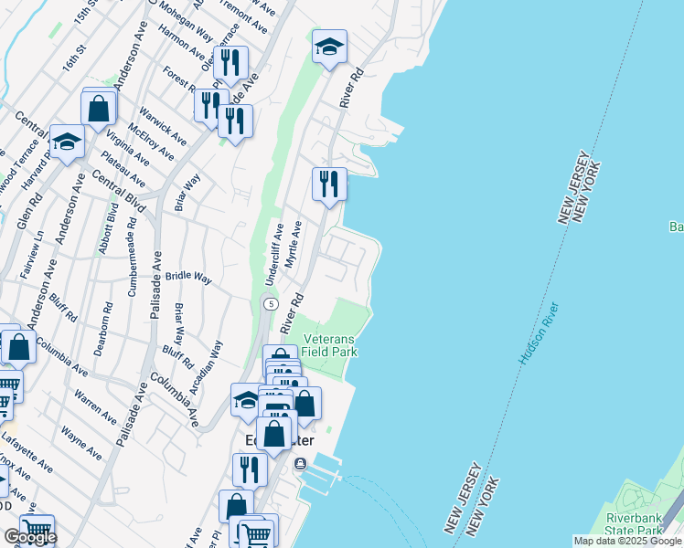 map of restaurants, bars, coffee shops, grocery stores, and more near 1203 River Road in Edgewater