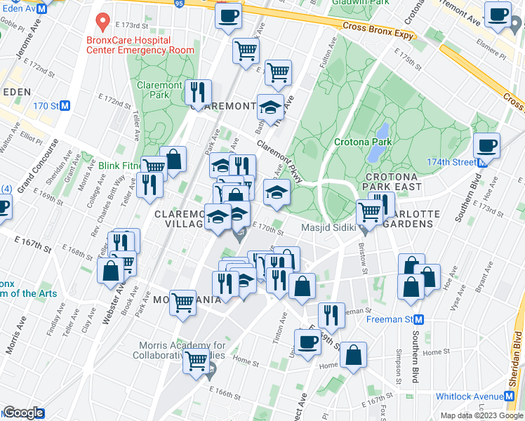 map of restaurants, bars, coffee shops, grocery stores, and more near 1432 Fulton Avenue in Bronx