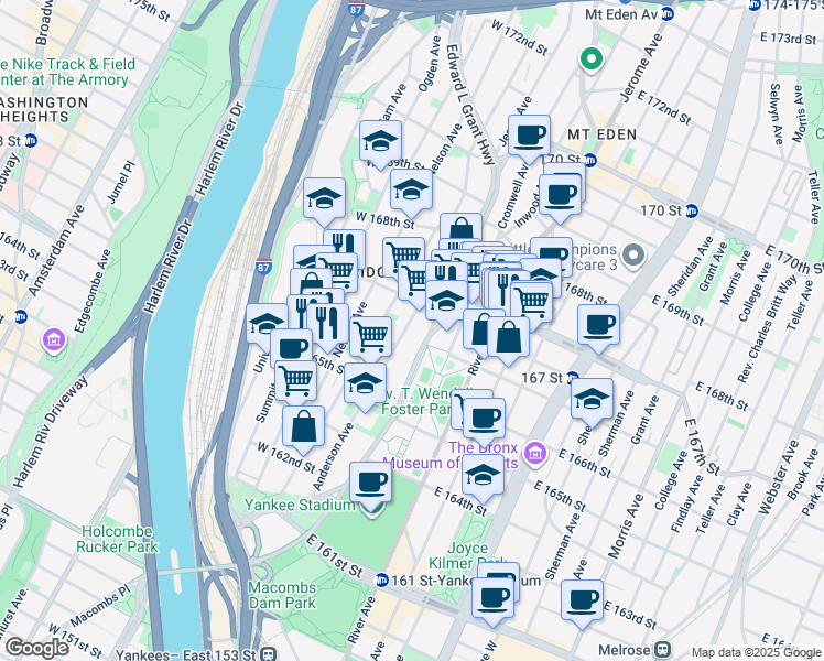map of restaurants, bars, coffee shops, grocery stores, and more near 1115 Jerome Avenue in Bronx