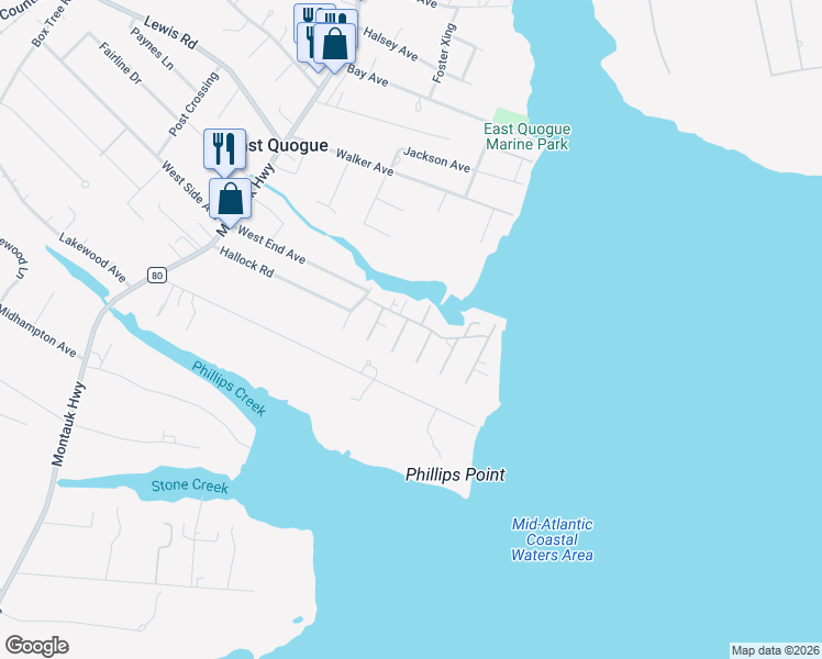 map of restaurants, bars, coffee shops, grocery stores, and more near 6 Grand Avenue in East Quogue