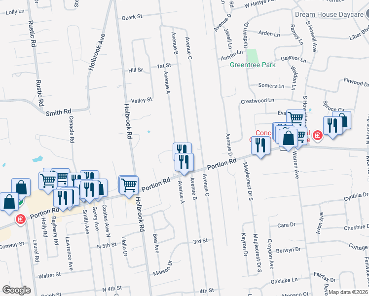 map of restaurants, bars, coffee shops, grocery stores, and more near 237 Avenue B in Lake Ronkonkoma