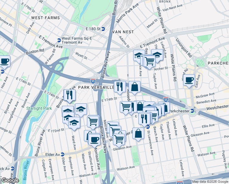 map of restaurants, bars, coffee shops, grocery stores, and more near 1693 East 174th Street in The Bronx