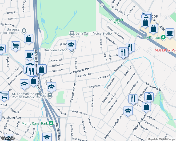 map of restaurants, bars, coffee shops, grocery stores, and more near 33 Ferncliff Road in Bloomfield