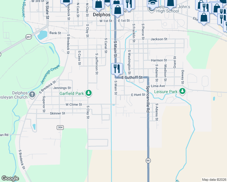 map of restaurants, bars, coffee shops, grocery stores, and more near 807 South Main Street in Delphos