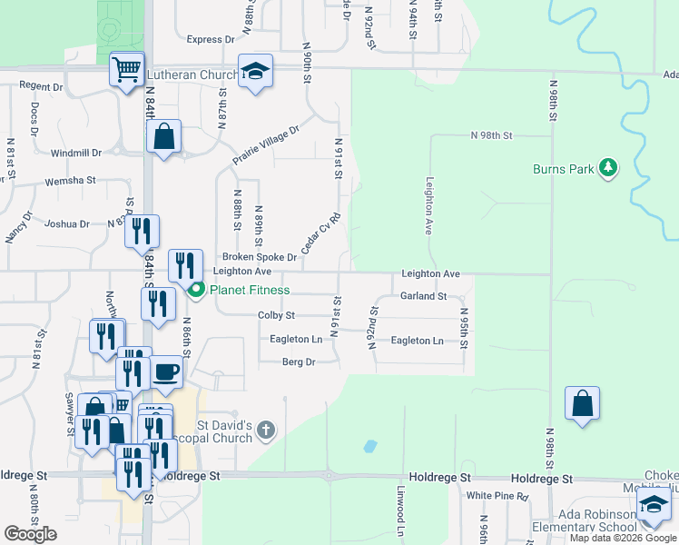 map of restaurants, bars, coffee shops, grocery stores, and more near 2652 North 91st Street in Lincoln