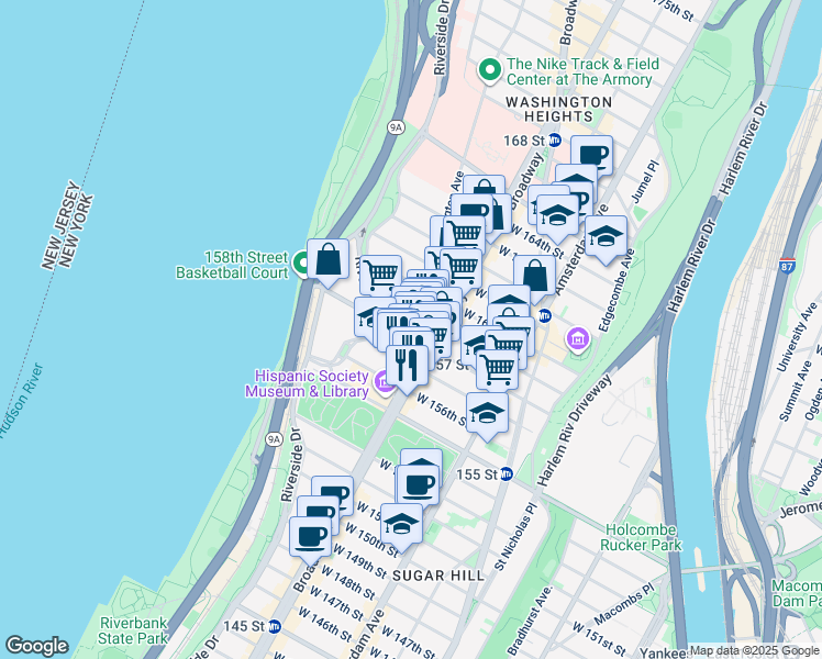 map of restaurants, bars, coffee shops, grocery stores, and more near 611 West 158th Street in New York
