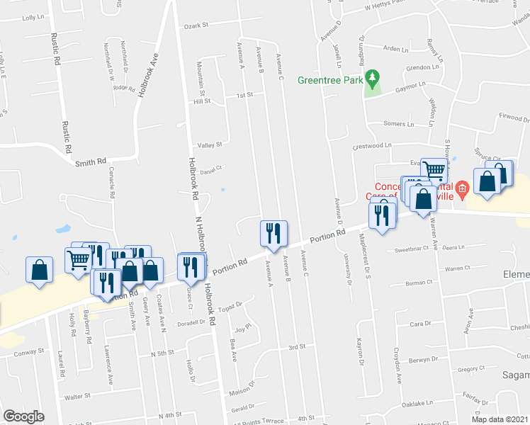 map of restaurants, bars, coffee shops, grocery stores, and more near 265 Avenue A in Ronkonkoma