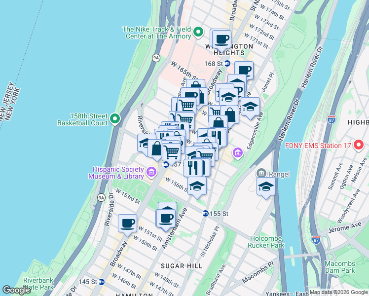 map of restaurants, bars, coffee shops, grocery stores, and more near 528 West 159th Street in New York