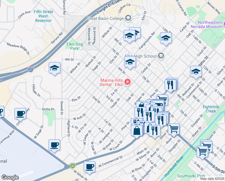 map of restaurants, bars, coffee shops, grocery stores, and more near 313 Fir Street in Elko