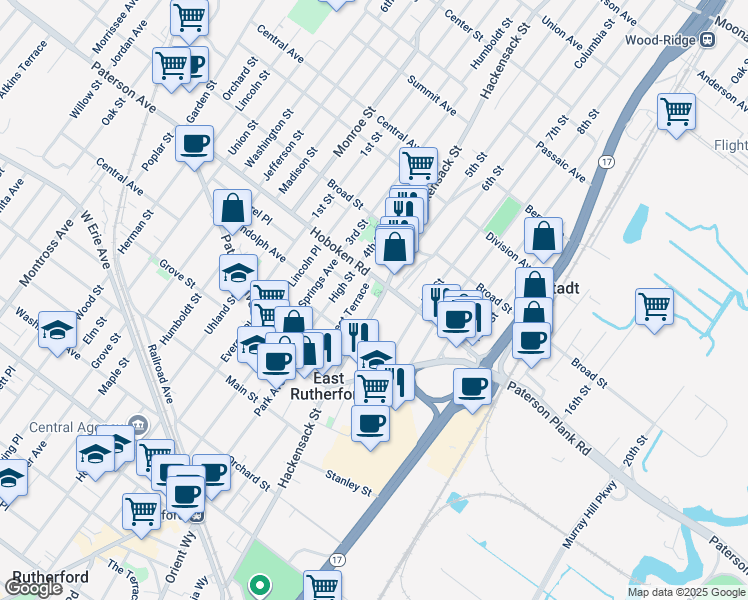 map of restaurants, bars, coffee shops, grocery stores, and more near 20 Hackensack Street in East Rutherford
