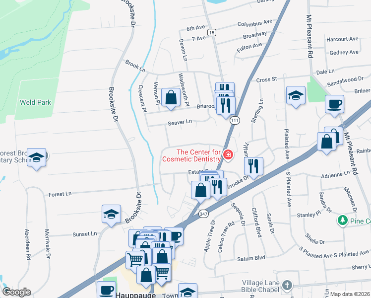 map of restaurants, bars, coffee shops, grocery stores, and more near 10 Wood Lane in Smithtown