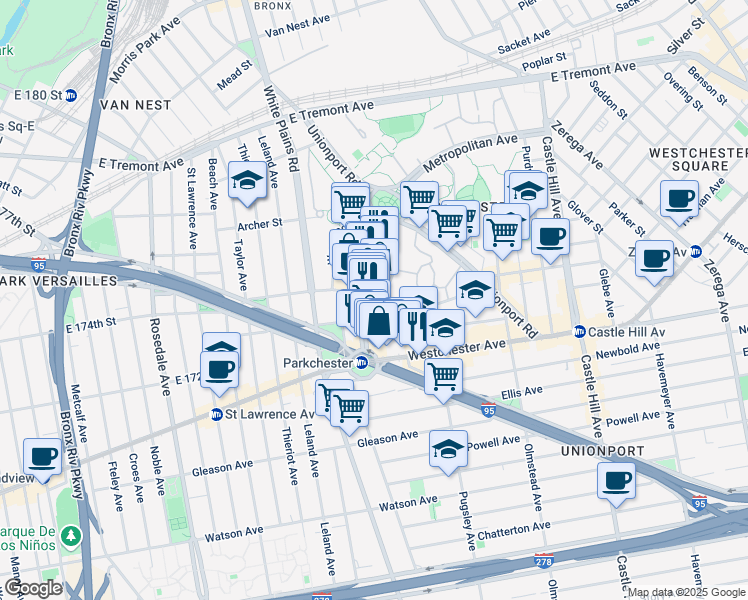 map of restaurants, bars, coffee shops, grocery stores, and more near 1380 Metropolitan Avenue in Bronx