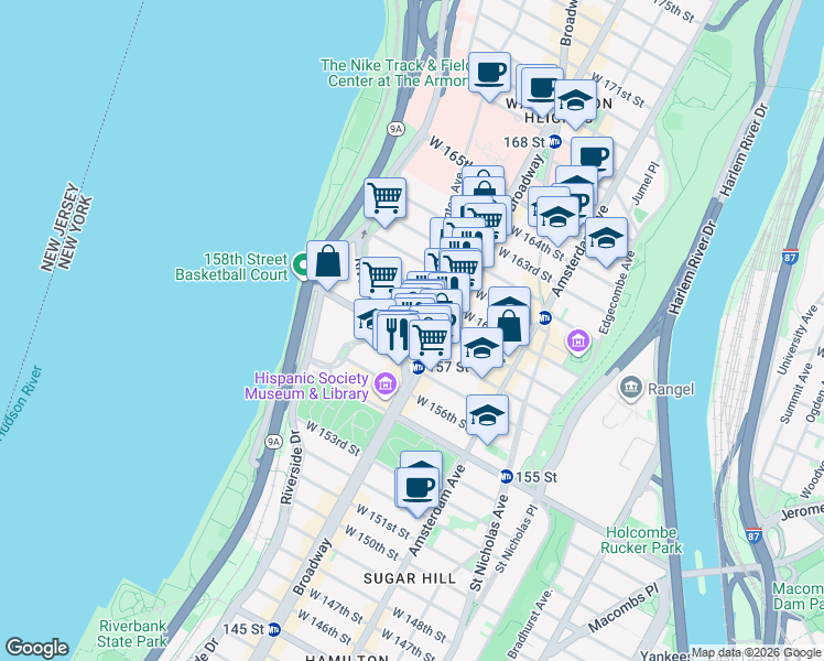 map of restaurants, bars, coffee shops, grocery stores, and more near 834 Riverside Drive in New York