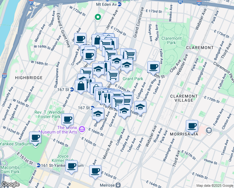 map of restaurants, bars, coffee shops, grocery stores, and more near East 168th Street & Sherman Avenue in Bronx