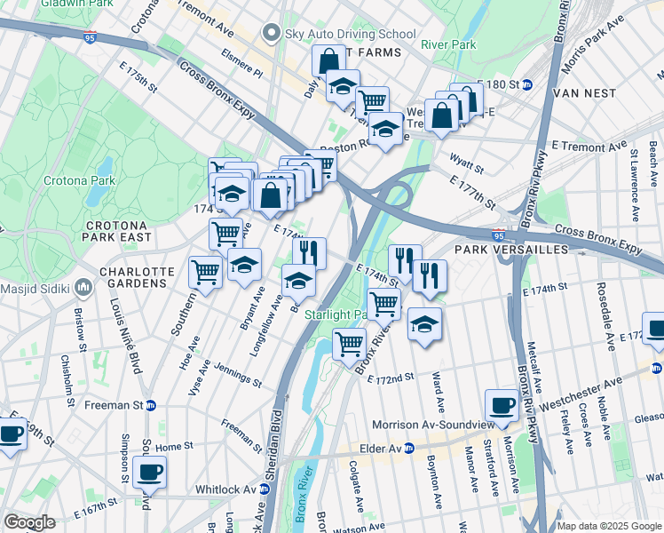 map of restaurants, bars, coffee shops, grocery stores, and more near 1775 West Farms Road in The Bronx