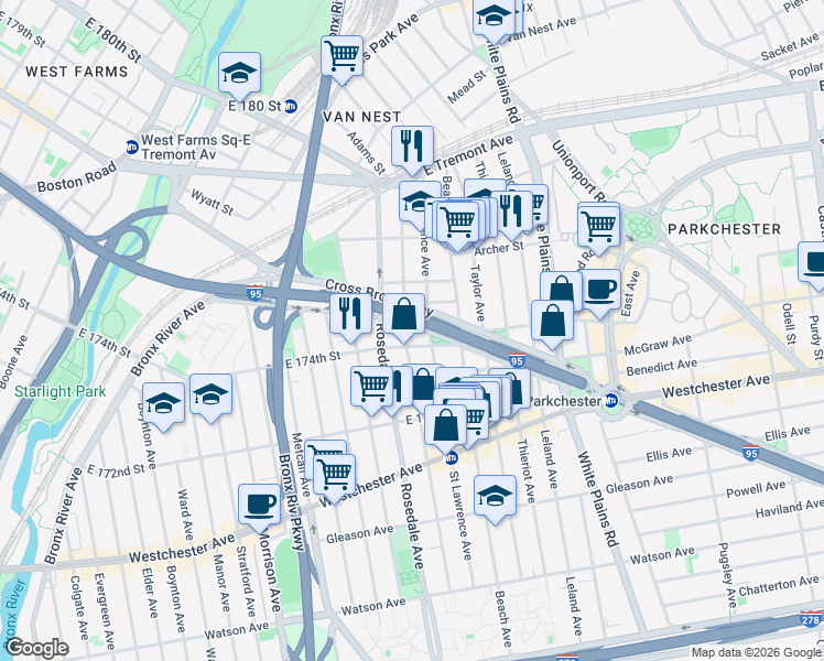 map of restaurants, bars, coffee shops, grocery stores, and more near in The Bronx