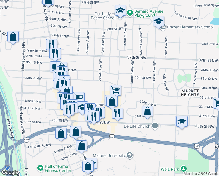 map of restaurants, bars, coffee shops, grocery stores, and more near 3320 Cromer Avenue Northwest in Canton